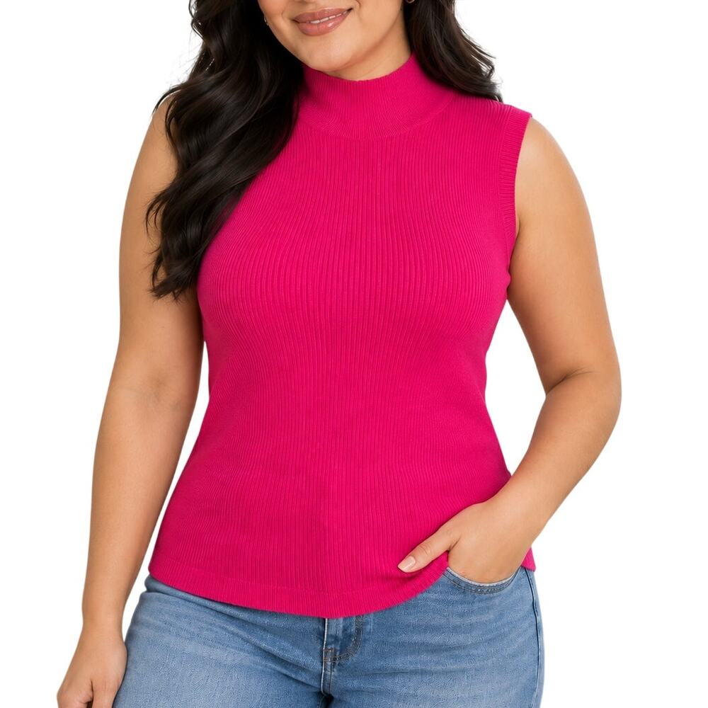 Express Hot Pink Ribbed Mock Neck Sleeveless Top XL Stretch Knit